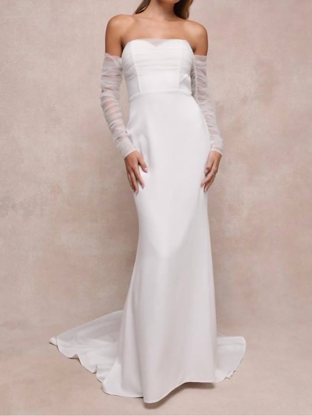 Lulu's White Off-the-Shoulder Sheath Wedding Dress with Sheer Long Sleeves